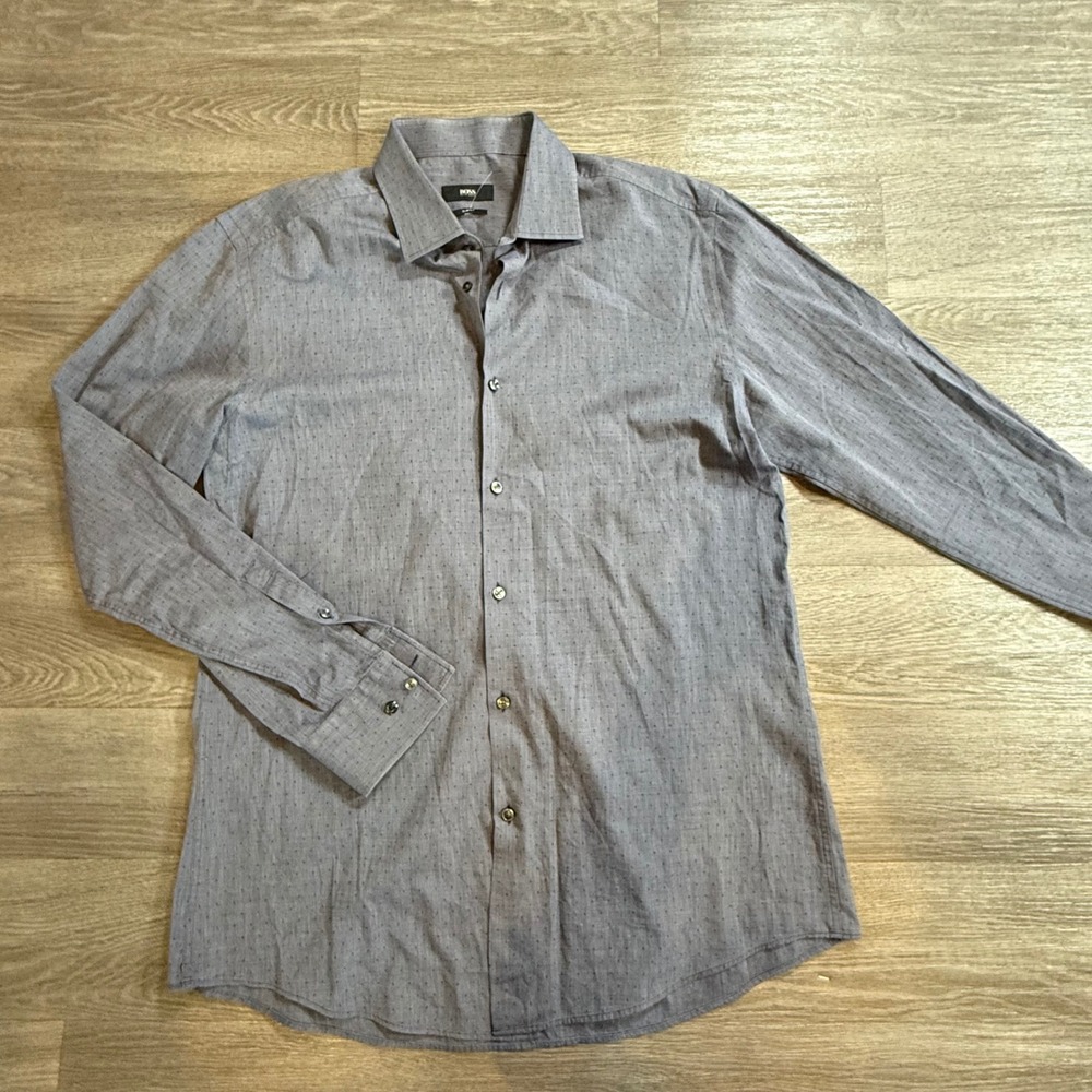 Hugo Boss Slim Fit Shirt Tessitura Monti Italian Fabric Blue Grey Micro‎ Dot L